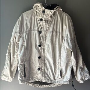 Company of Adventures, size M, men’s cream zip/button up coat. Mesh lining, hood